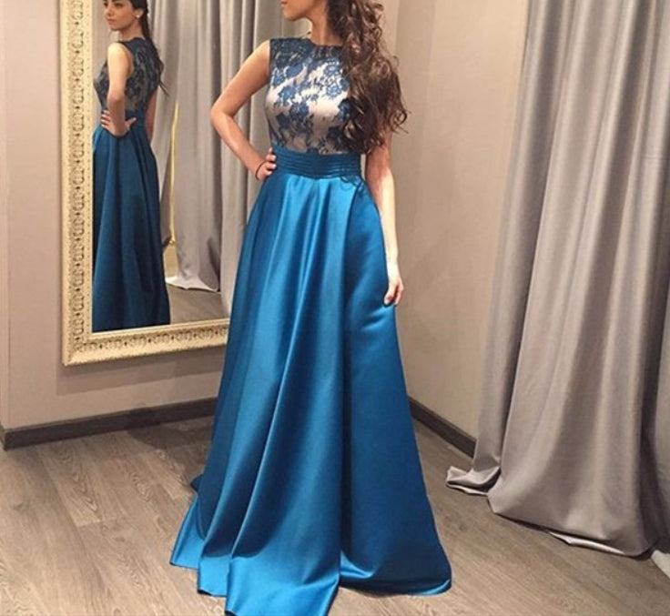 Teal Floor Length Prom Dress With Sheer Lace Embellished Bodice